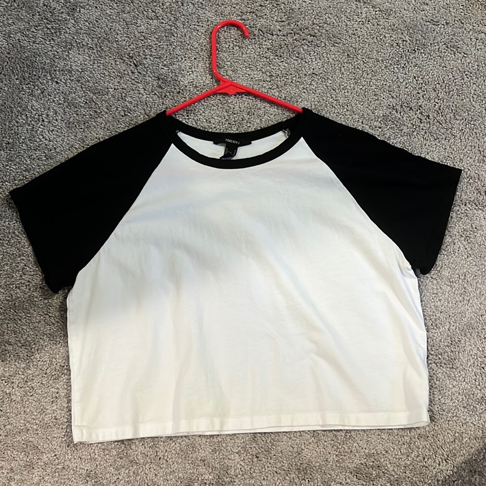 Black and white t shirt slightly cropped but not too much